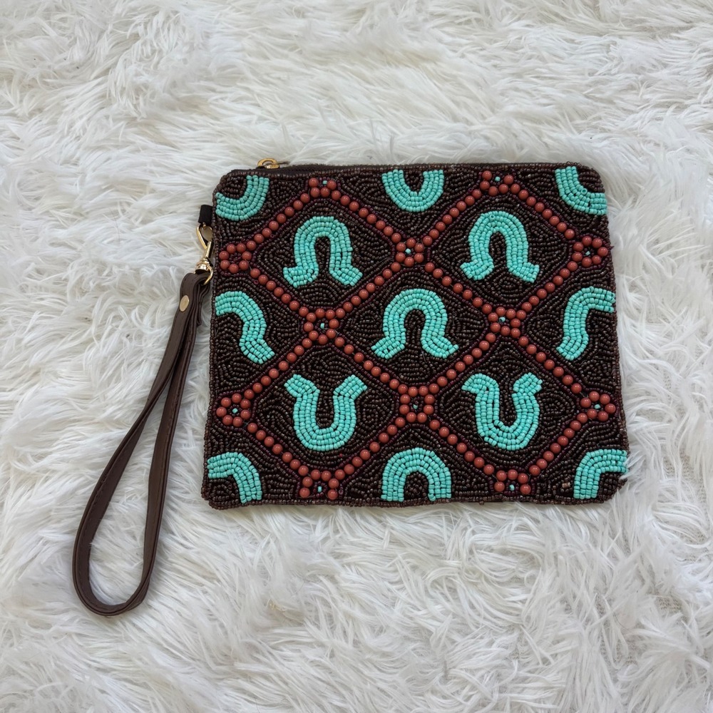Sincerely Jules Beaded Horseshoe Wristlet Clutch Purse Brown Turquoise Western